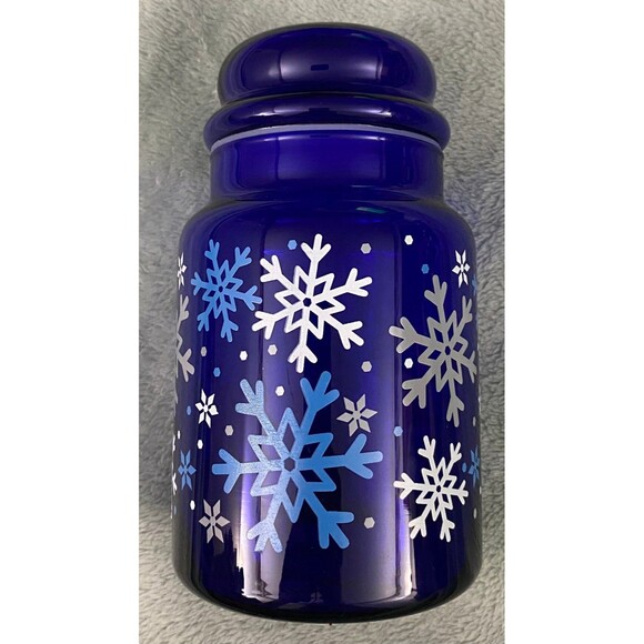 Libbey Cobalt Blue Glass 7" Apothecary Jar Canister & Lid Christmas Snowflakes - Picture 1 of 7